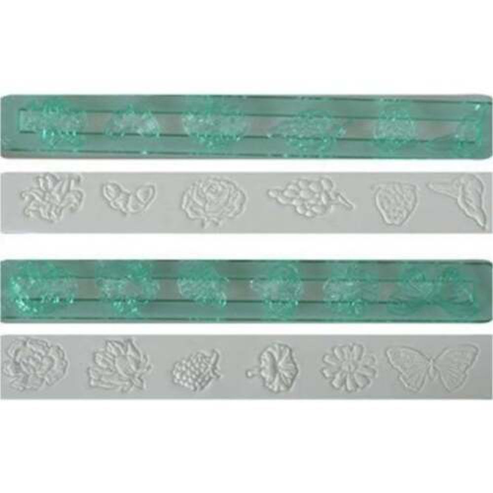 Decorative fmm fondant cutters with floral and butterfly patterns on a white background