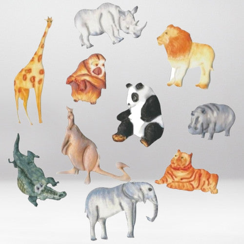 A set of animal fondant cut outs. Featuring a giraffe, rhinoceros, lion, monkey, panda, hippo, kangaroo, crocodile, elephant, and tiger, shown against a light gray gradient background.