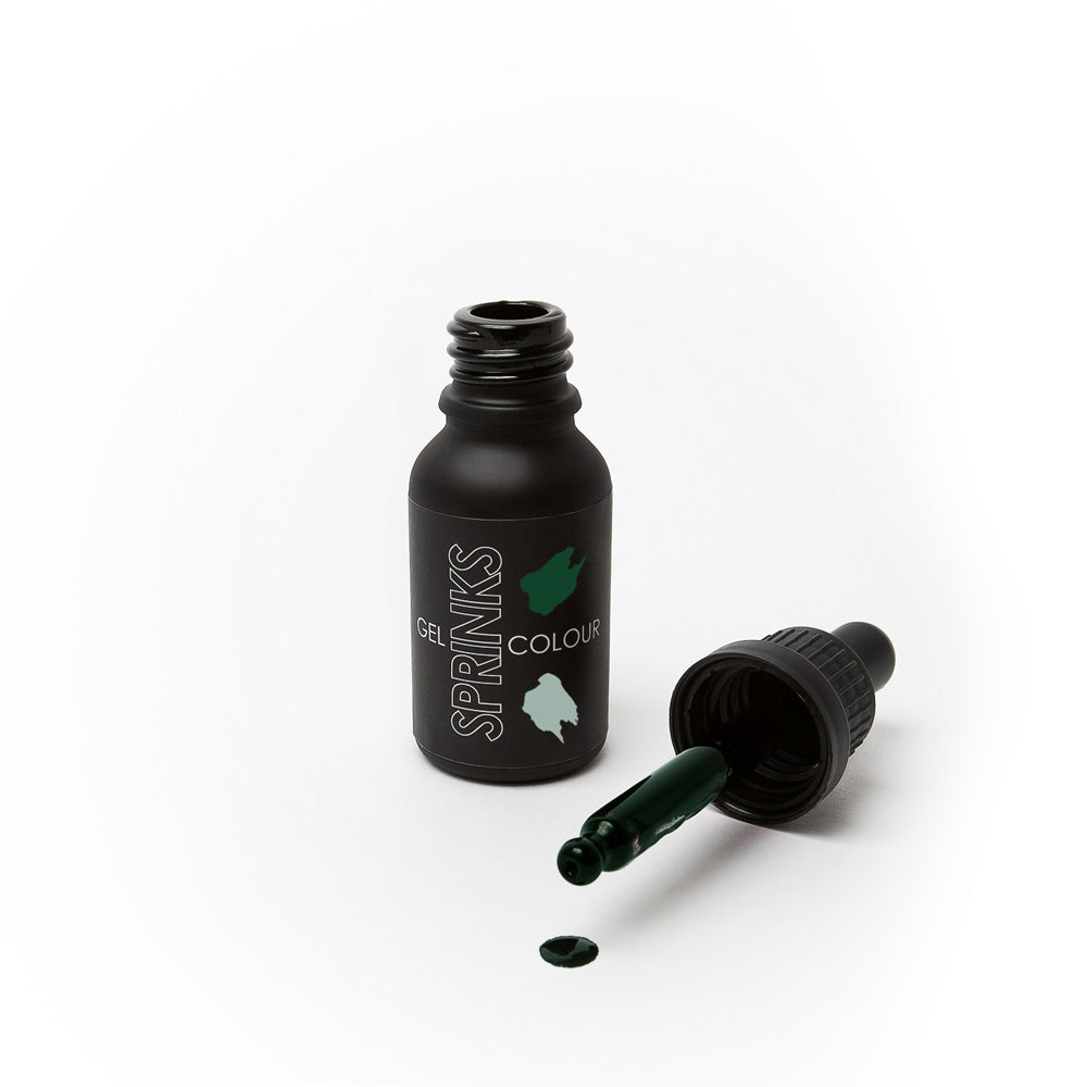 Black bottle of Sprinks gel color with dropper on a white background