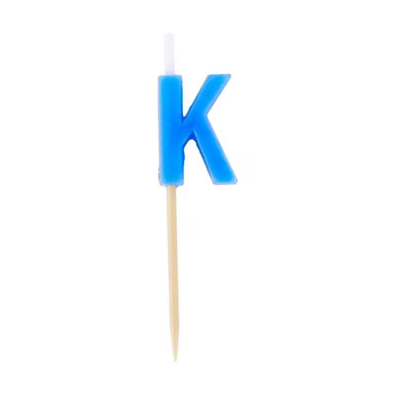 Alphabet candle on wooden pick Letter K Blue