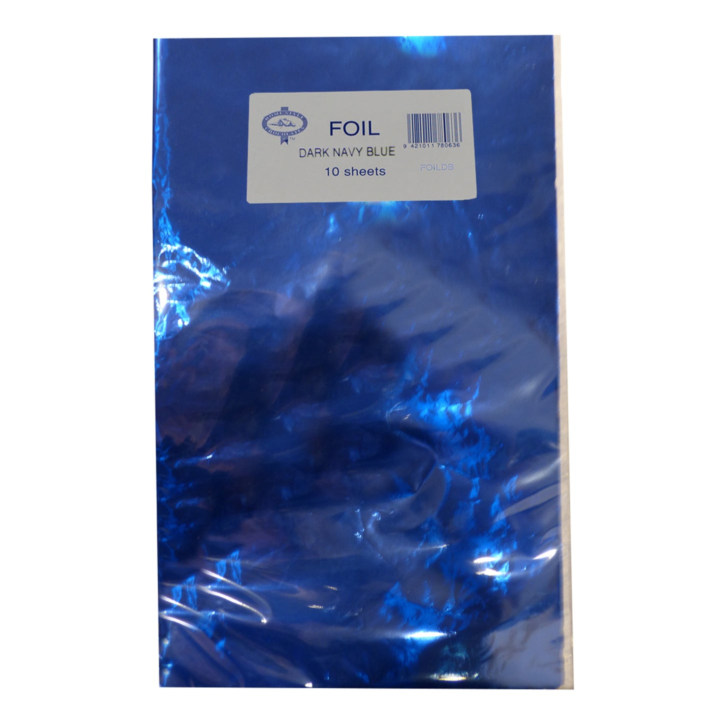 Pack of dark navy blue foil sheets with a visible brand label on a white background