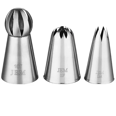 Set of three metal icing tips with 'JEM' branding on a white background