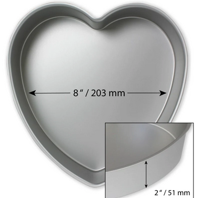 8 inch heart shape cake pan with measurements on photo