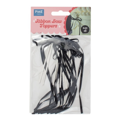 Pack of black ribbon bow toppers with packaging displaying 'PME' brand.