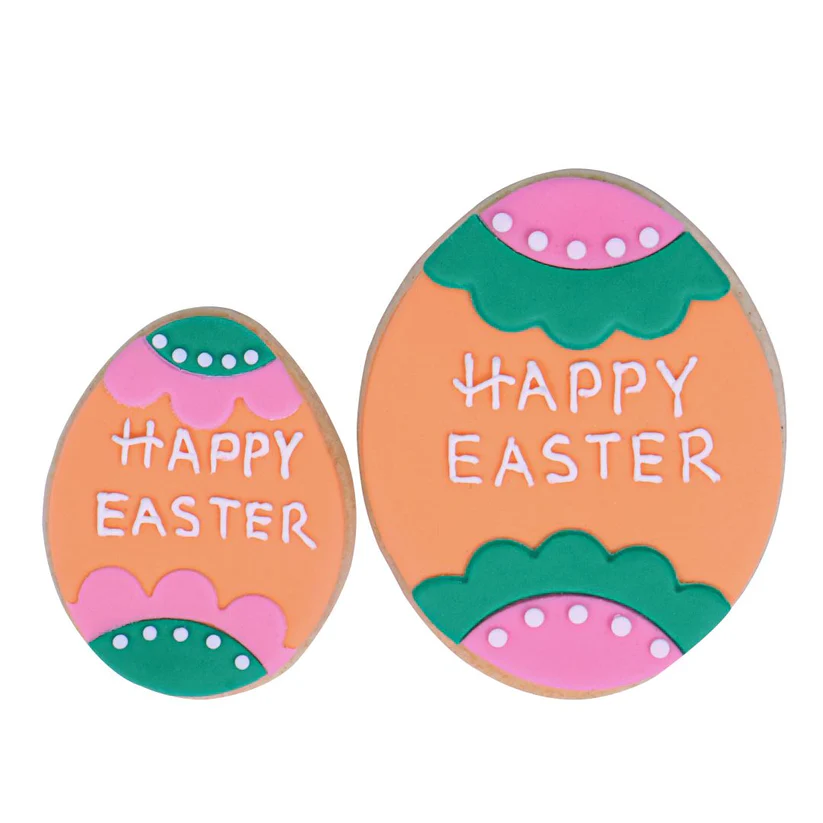 Two Easter egg-shaped cookies with 'Happy Easter' text on a white background