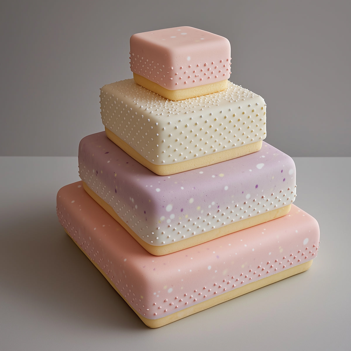 Stack of four square, pastel-colored cakes with textured surfaces on a gray background