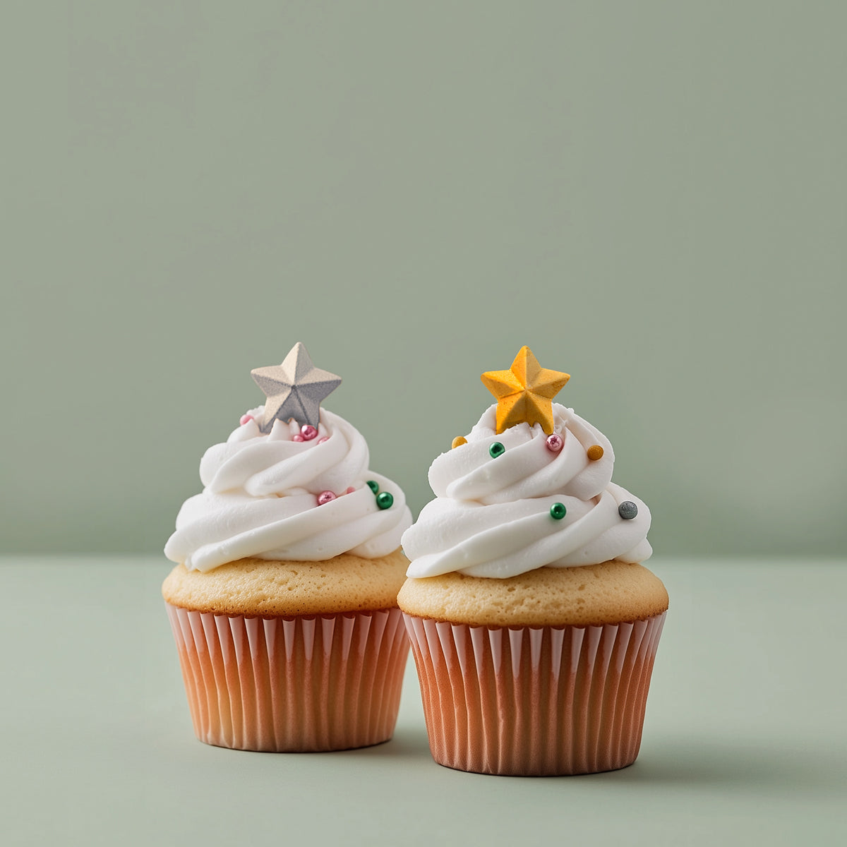 Two cupcakes with white frosting and star-shaped toppers on a light green background