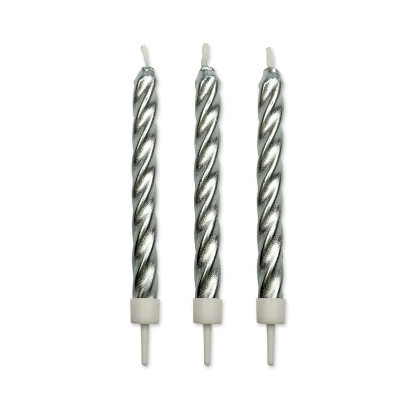 Metallic Silver twist candles with holders pack of 10