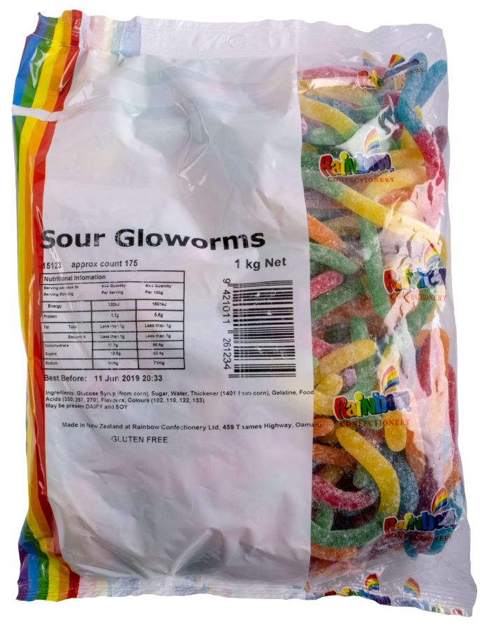 Sour glow worm lollies 1kg bag