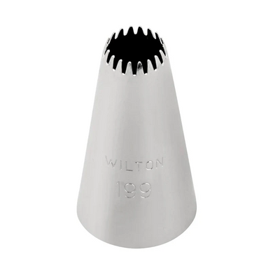 A Wilton 199 metal piping tip with a flared, serrated star-shaped opening, shown on a solid white background.