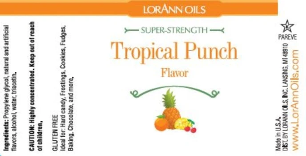 Information label for Lorann Oils flavouring 1oz 29.5ML Tropical Punch