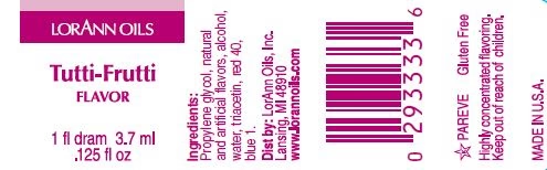 Front and back label of a Lorän Oils Tutti-Frutti flavour product, showing product name, ingredients, barcode, and manufacturing details.