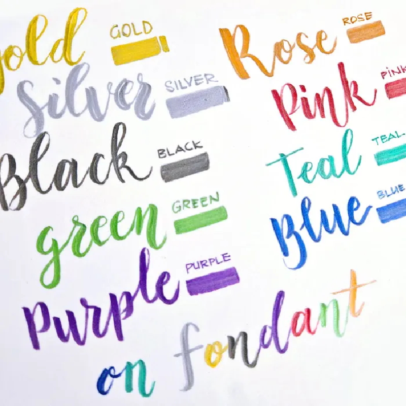 Colour examples of Vivid Edible Metallic Marker Pens drawn on fondant