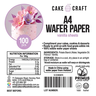 Cake Craft A4 wafer paper label with product details and branding.