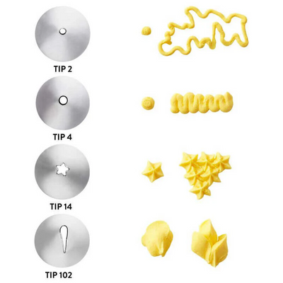 Set of piping tips with examples in yellow icing