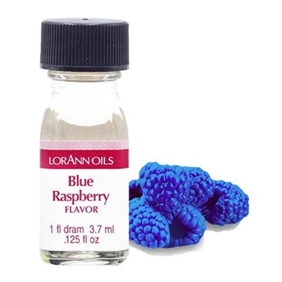 A bottle of Lorann Oils Blue Raspberry flavoring next to an image of blue raspberries.