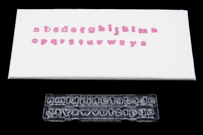 A set of Clikstix alphabet lettering cutters for cake decorating, showing various lowercase letters.