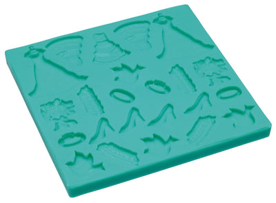 A green silicone mould with various wedding-themed shapes including rings, dresses, and shoes imprinted on it.