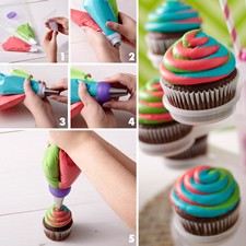 A collage of images showing a tri-color decorating set, including a coupler and tips, being used on cupcakes to create multi-colored icing.