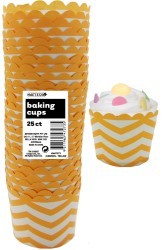 Straight sided cupcake papers yellow with white chevron pattern.