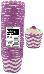 Straight sided cupcake papers purple with white chevron pattern.