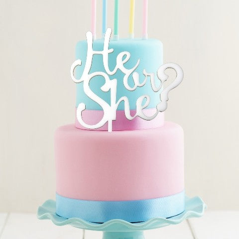 Gender Reveal Baby Shower SOLID White acrylic topper He or She?
