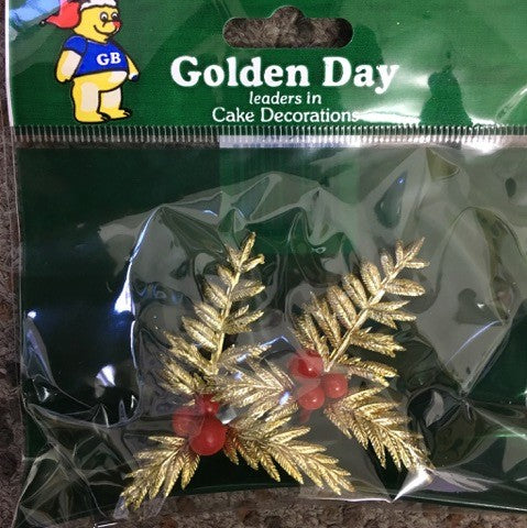 Gold Christmas Holly cake topper set 2