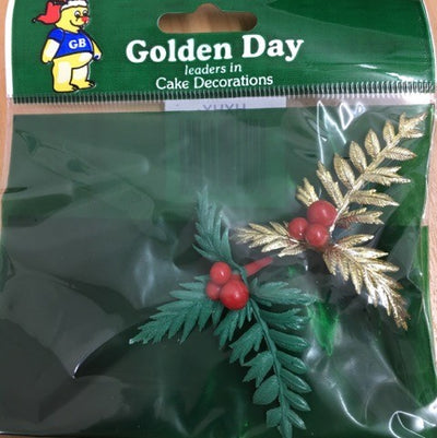Green and Gold Christmas Holly cake topper set 2