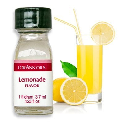 A bottle of LorAnn Oils Lemonade flavoring with a graphic representation of a glass of lemonade and lemon slices.