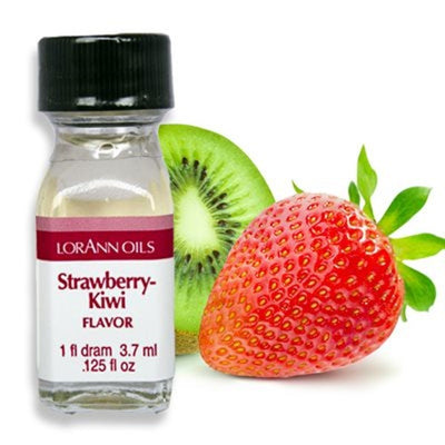 A small bottle labeled LorAnn Oils Strawberry-Kiwi Flavor with a 1 dram measurement, accompanied by a whole strawberry and a slice of kiwi fruit.