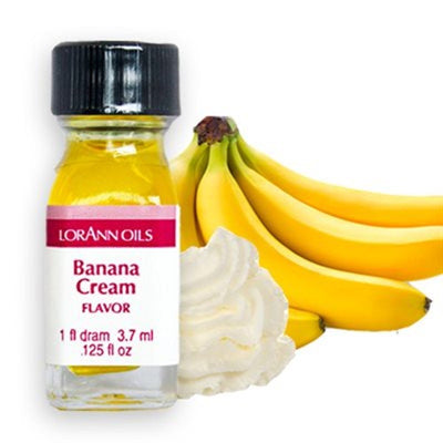 A bottle of Lorann Oils Banana Cream flavoring with a quantity of 1 dram indicated, alongside a depiction of bananas and whipped cream.