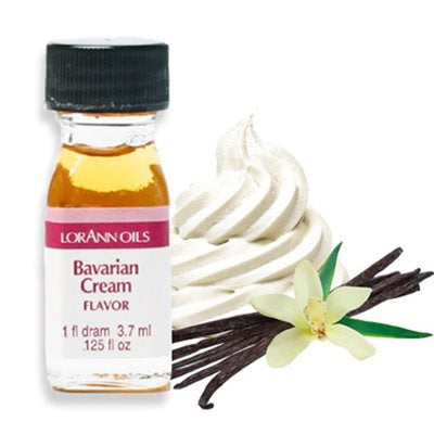 A bottle of Lorann Oils Bavarian Cream flavoring with a depiction of vanilla cream and vanilla pods next to it.