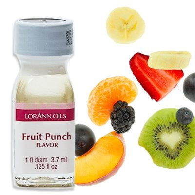 A bottle of LorAnn Oils Fruit Punch flavoring surrounded by an assortment of fruits including bananas, strawberries, oranges, blueberries, and kiwi.