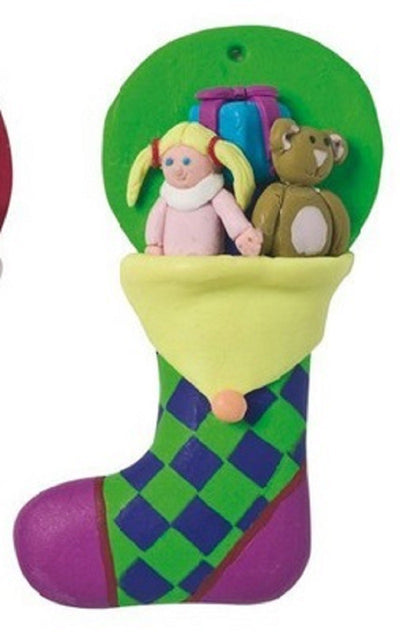 Christmas stocking claydough cake topper Green with dolly & teddy