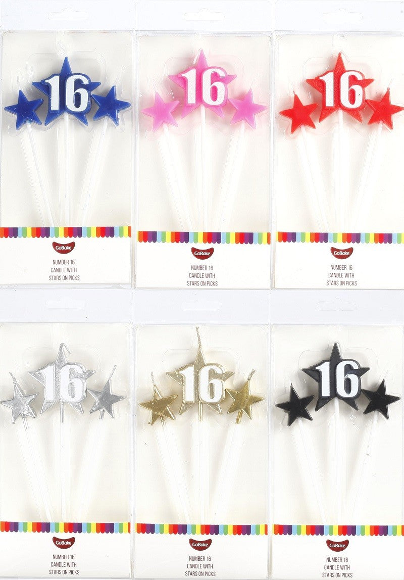 Number Star Pick candle set with Numeral 16 Pink