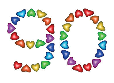 Design Sheet edible image 90th Birthday No 90 Rainbow Hearts
