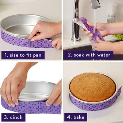 A grid of 4 pictures showing the steps to use bake even strips