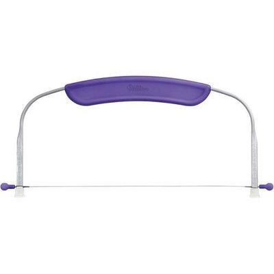 A purple and silver cake leveler with an adjustable wire and plastic handle.