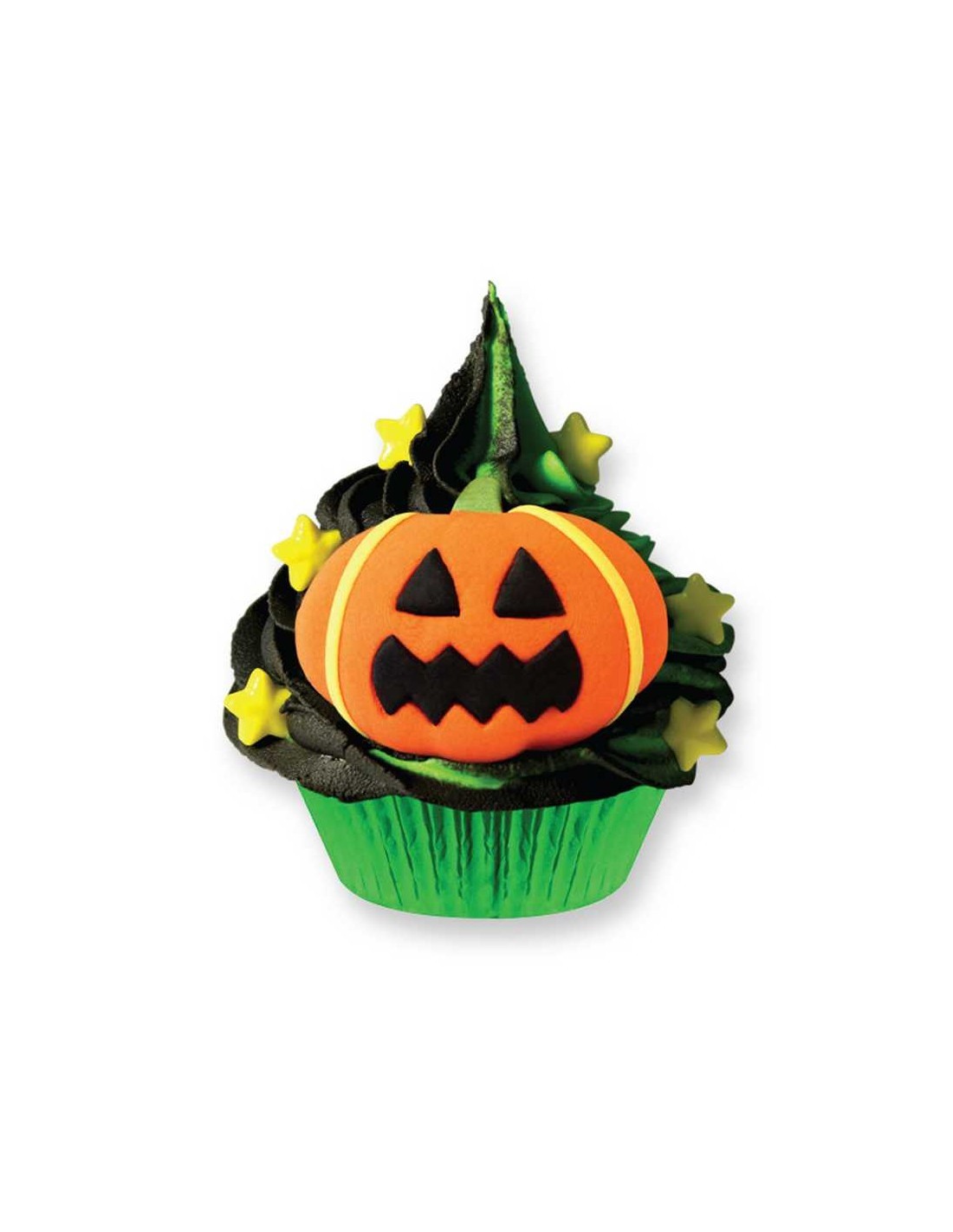Icign jack o lantern on top of a black cupcake with green baking cup