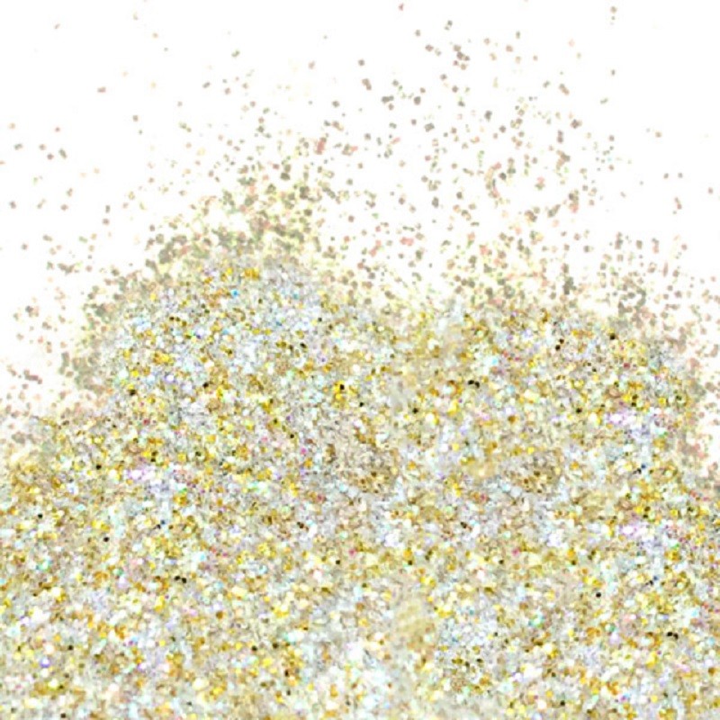 A close-up image of white gold hologram flitter glitter, showing the sparkling effect of the product.