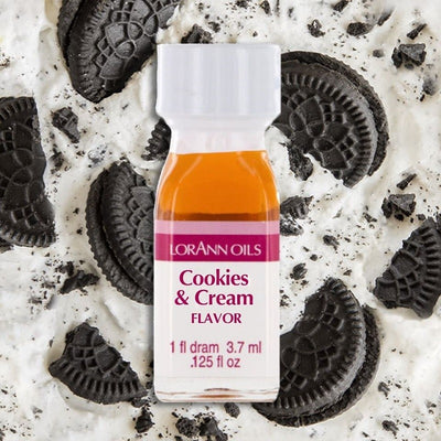 Lorann Oils flavouring 1 dram Cookies and Cream with a cookies and cream background.