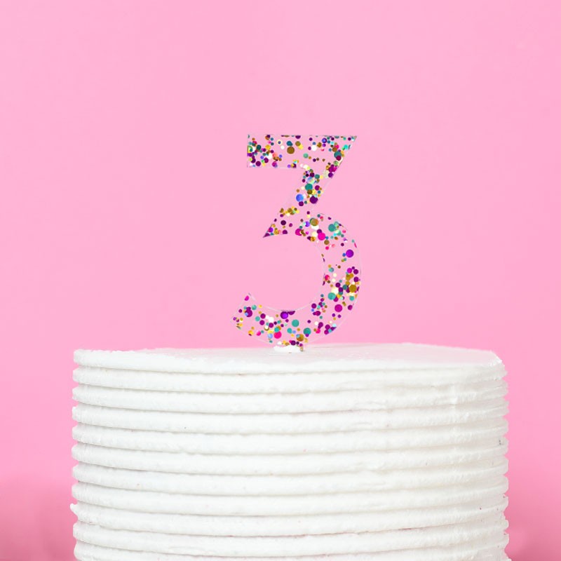 RAINBOW GLITTER NUMBER 3 CAKE TOPPER