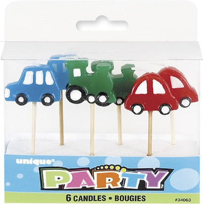 Cars and trains set of 6 wooden pick candles