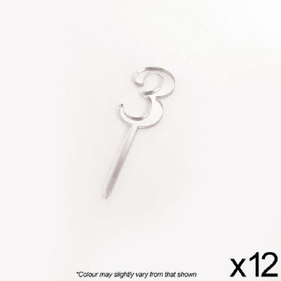 Cupcake acrylic toppers pack of 12 number 3 Silver