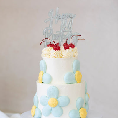 Light blue and silver OPAQUE LAYERED acrylic CAKE TOPPER HAPPY BIRTHDAY