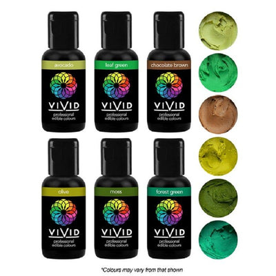 Vivid 6 pack gel paste food colouring 21g bottles EARTHY toned colouring (Avocado, Leaf green, Chocolate Brown, Olive, Moss, Forest green)