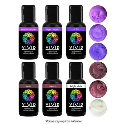 Vivid 6 pack gel paste food colouring 21g bottles Purple Reign, tonal shades of purples plus white