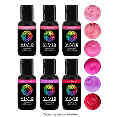 Vivid 6 pack gel paste food colouring 21g bottles Pink Passion, create tonal shades of pink icings for all your decorated sweet treats and baking.