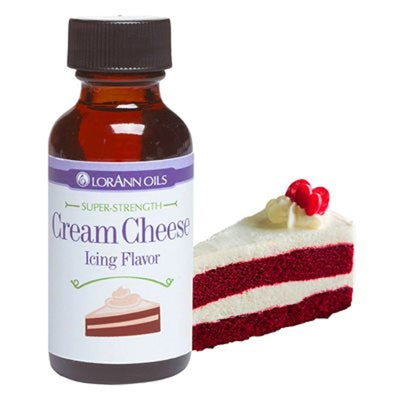 A bottle of LorAnn cream cheese icing flavoring oil next to a graphical representation of cream cheese icing on a cake slice.