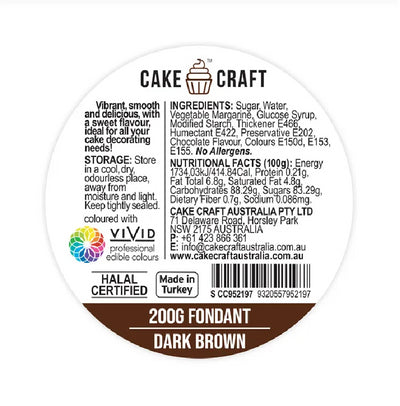 Cake Craft 200g fondant icing Dark Brown ingredients label